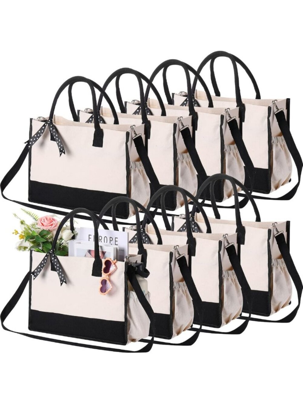 Stylish Canvas Tote Bag Set - 8 Pcs Black & White, Zipper Pockets, Perfect for